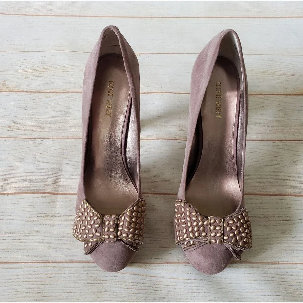Nine West Memorie Suede Leather Round Toe Bow Platform Heels Pink Size 7 1/2M